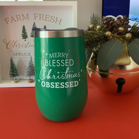 Brand New! Green Insulated 16oz Christmas Coffee/Wine Tumbler w/Lid - Picture 2 of 6